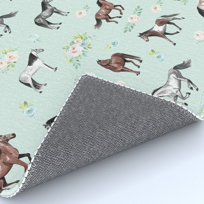Floral Horse Pattern, Flowers and Horses, Romantic Blue, Horse Decor, Horse Art Rug Gallery Image 4