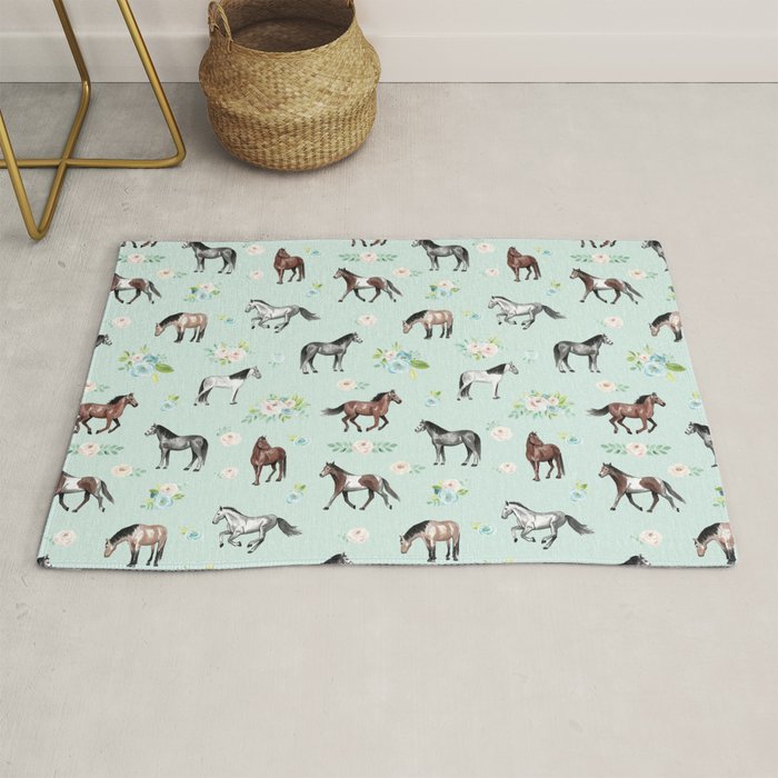 Floral Horse Pattern, Flowers and Horses, Romantic Blue, Horse Decor, Horse Art Rug Gallery Image 1