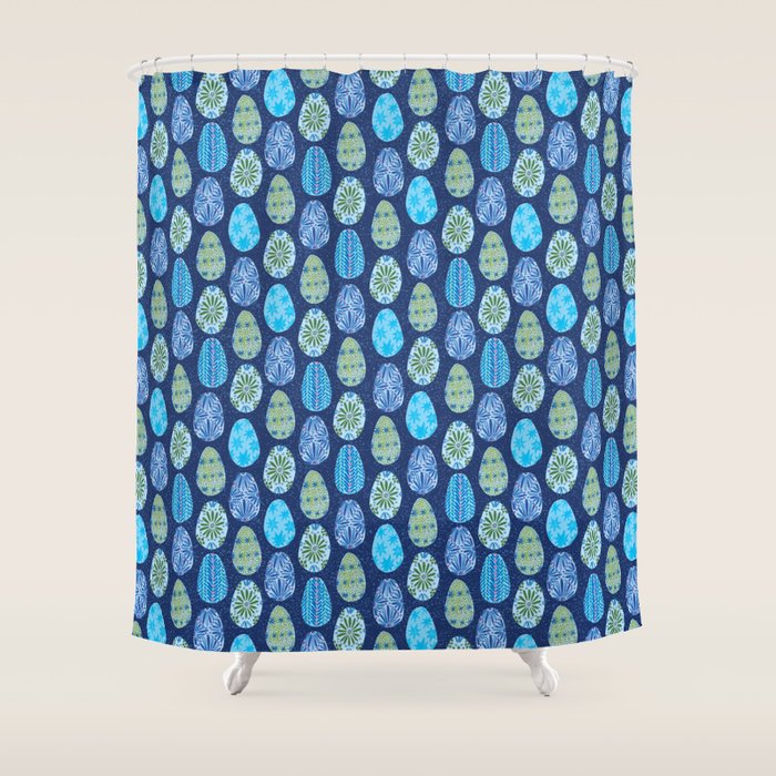 Colorful Folk Art Easter Eggs in Teal & Navy Blue Shower Curtain Gallery Image 1
