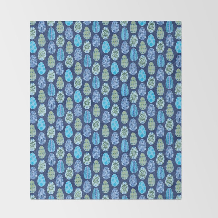 Colorful Folk Art Easter Eggs in Teal & Navy Blue Throw Blanket Gallery Image 2