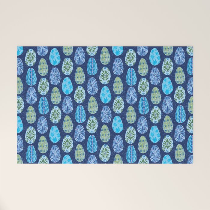 Colorful Folk Art Easter Eggs in Teal & Navy Blue Welcome Mat Gallery Image 1