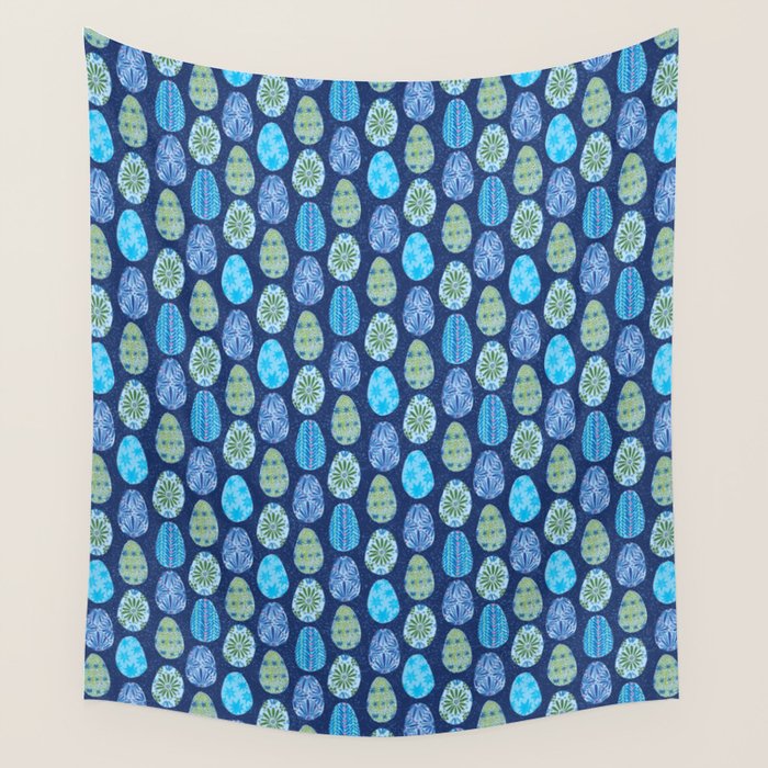 Colorful Folk Art Easter Eggs in Teal & Navy Blue Wall Tapestry Gallery Image 4