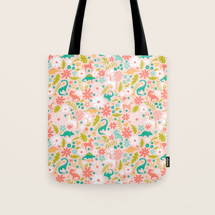 Dinosaurs + Unicorns in Pink + Teal Tote Bag Gallery Image 1