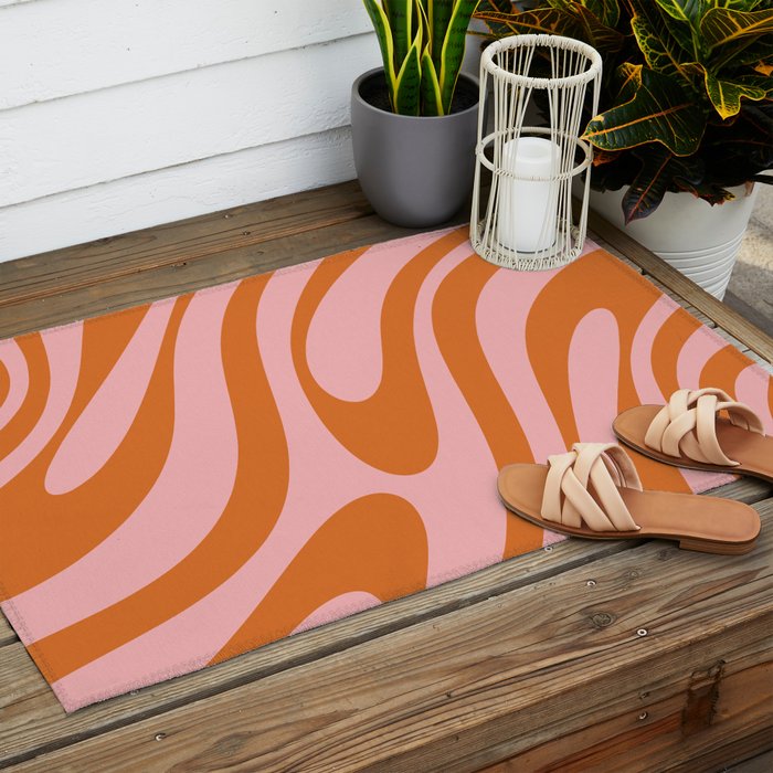 Wavy Loops Retro Abstract Pattern Pink Orange Outdoor Rug Gallery Image 2