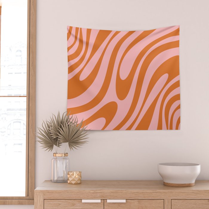 Wavy Loops Retro Abstract Pattern Pink Orange Wall Tapestry Gallery Image 2