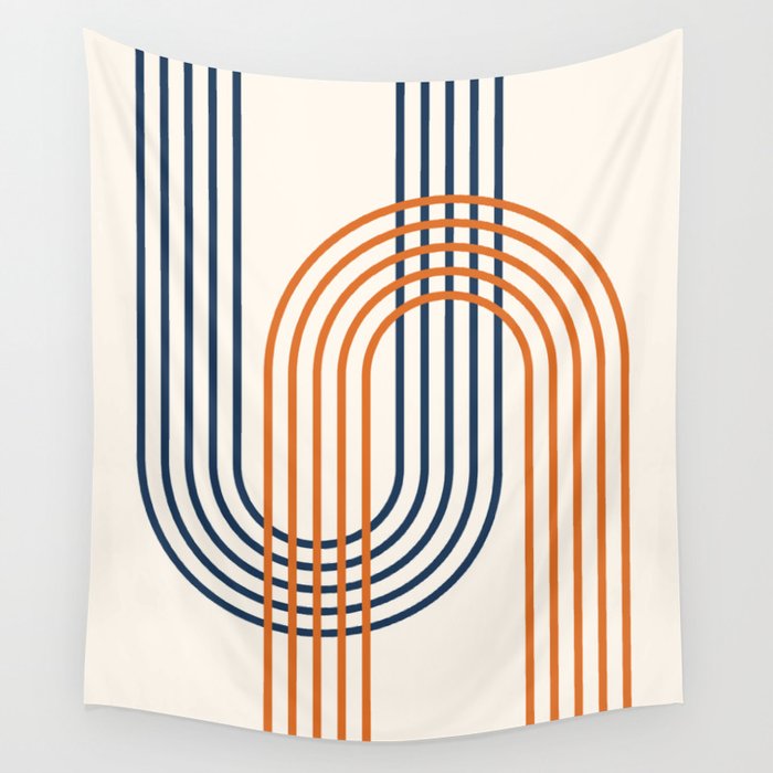 Geometric Lines Rainbow Abstract 5.1 in Navy Blue and Orange Wall Tapestry Gallery Image 4