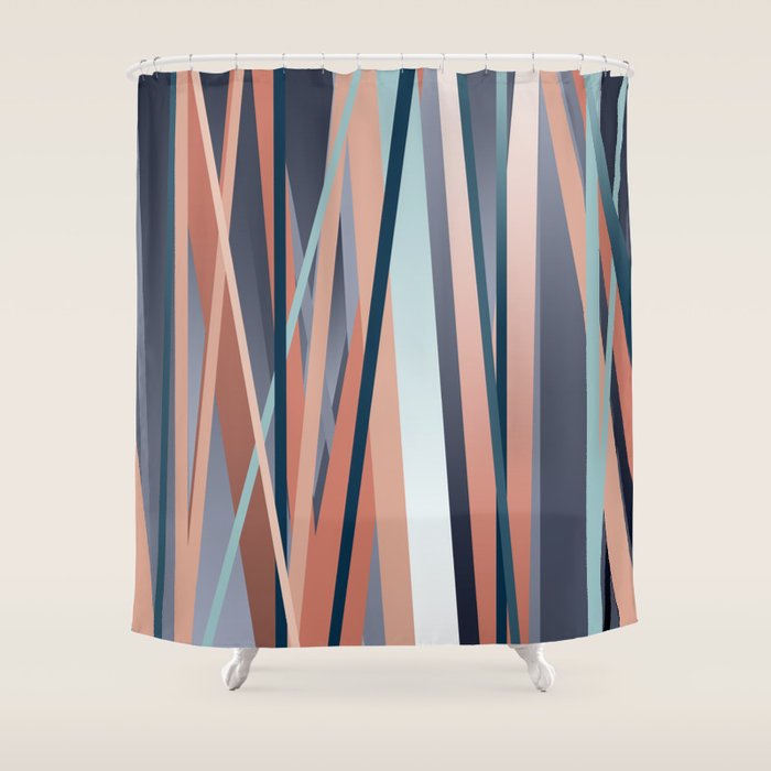 Stripes Abstract, Navy, Teal, Coral Pink Shower Curtain Gallery Image 1