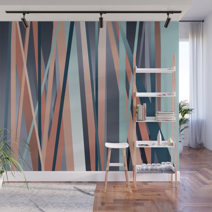 Stripes Abstract, Navy, Teal, Coral Pink Wall Mural Gallery Image 1