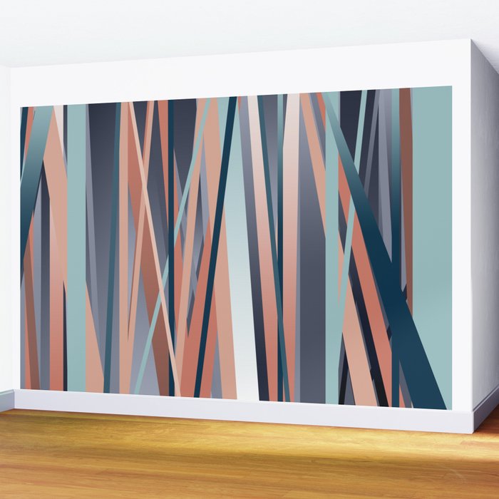 Stripes Abstract, Navy, Teal, Coral Pink Wall Mural Gallery Image 2