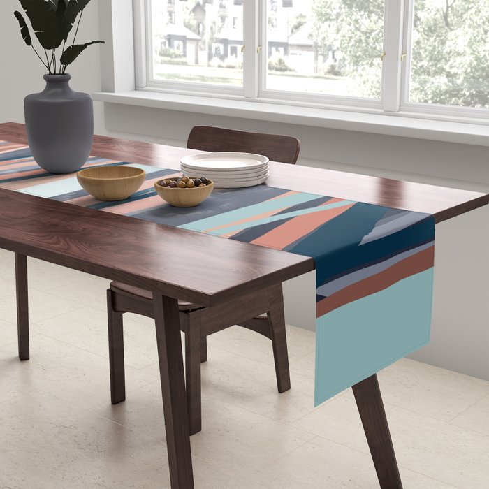 Stripes Abstract, Navy, Teal, Coral Pink Table Runner Gallery Image 2
