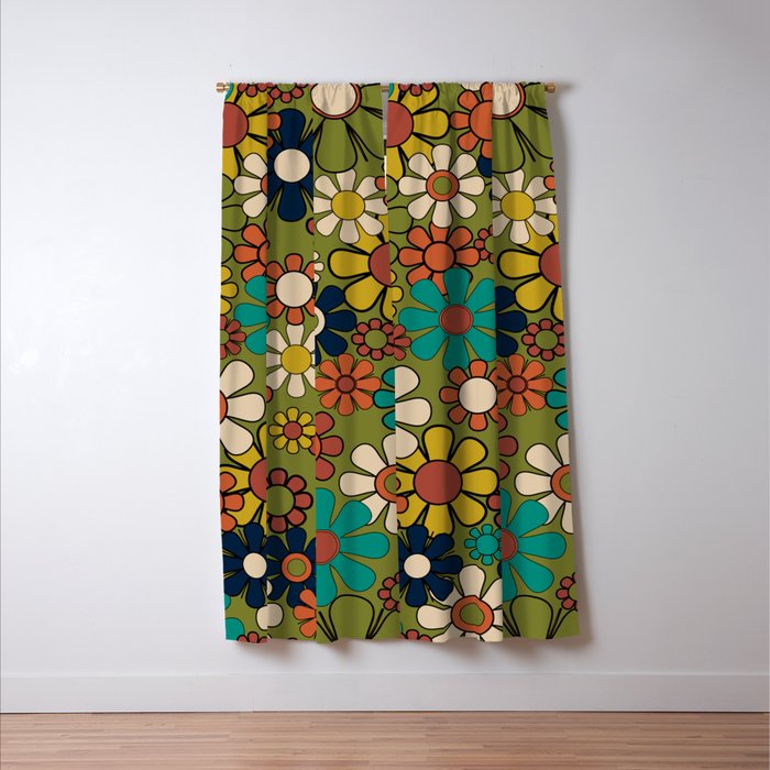 Groovy Floral Retro Garden 60s 70s Flower Pattern in Muted Vintage Mid Century Mod Colors on Olive Window Curtain Gallery Image 3