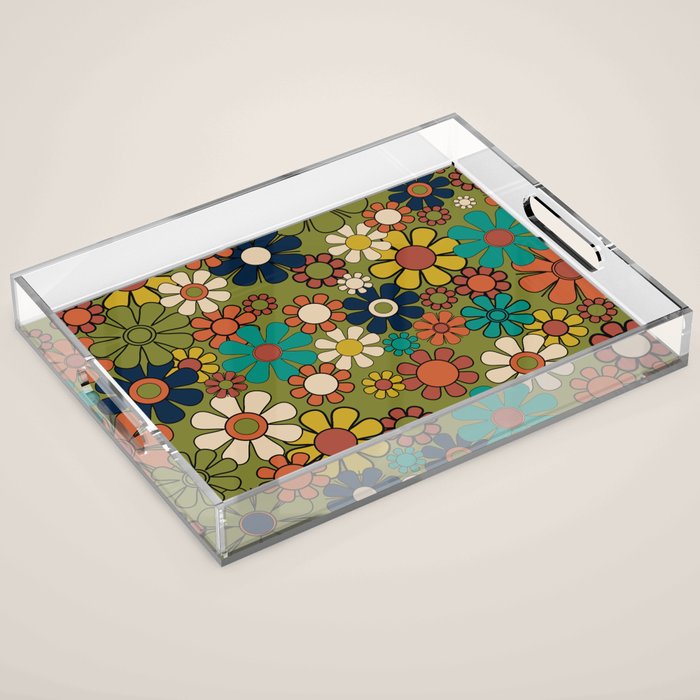 Groovy Floral Retro Garden 60s 70s Flower Pattern in Muted Vintage Mid Century Mod Colors on Olive Acrylic Tray Gallery Image 1