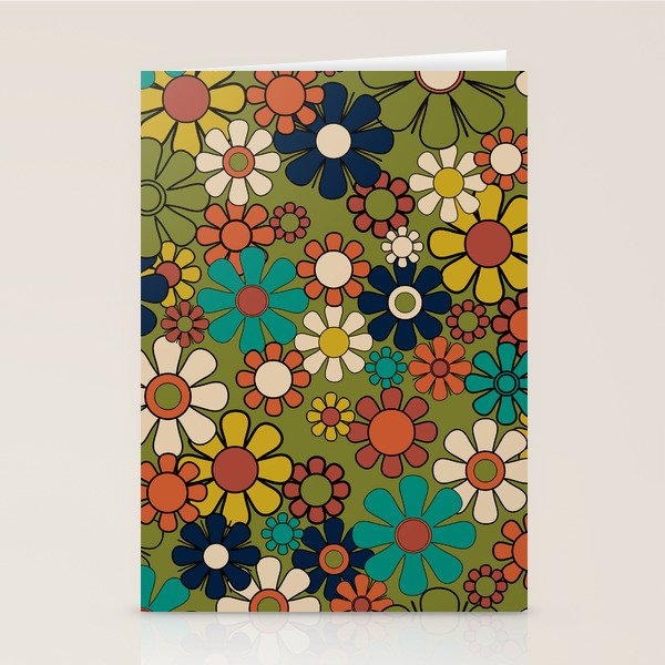 Groovy Floral Retro Garden 60s 70s Flower Pattern in Muted Vintage Mid Century Mod Colors on Olive Stationery Card Gallery Image 2