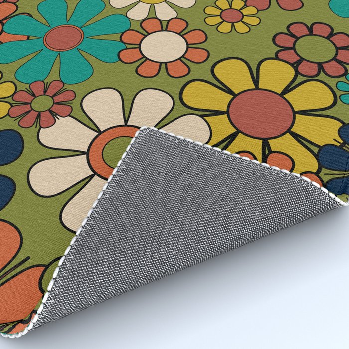 Groovy Floral Retro Garden 60s 70s Flower Pattern in Muted Vintage Mid Century Mod Colors on Olive Rug Gallery Image 4
