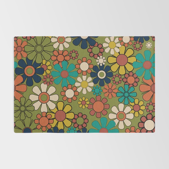 Groovy Floral Retro Garden 60s 70s Flower Pattern in Muted Vintage Mid Century Mod Colors on Olive Rug Gallery Image 2