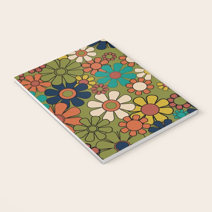 Groovy Floral Retro Garden 60s 70s Flower Pattern in Muted Vintage Mid Century Mod Colors on Olive Notebook Gallery Image 3