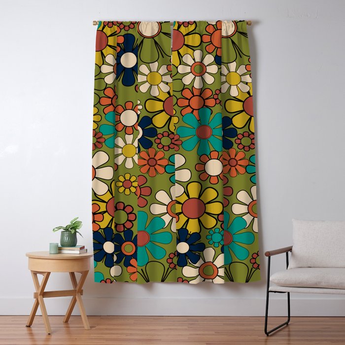 Groovy Floral Retro Garden 60s 70s Flower Pattern in Muted Vintage Mid Century Mod Colors on Olive Window Curtain Gallery Image 5