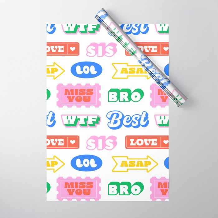 Retro funny sticker quote label pattern Wrapping Paper Gallery Image 1