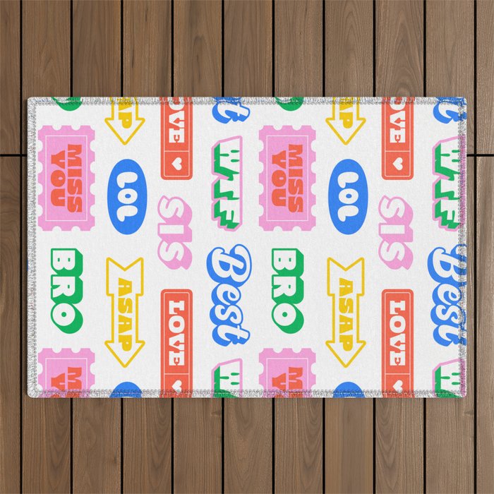 Retro funny sticker quote label pattern Outdoor Rug Gallery Image 1