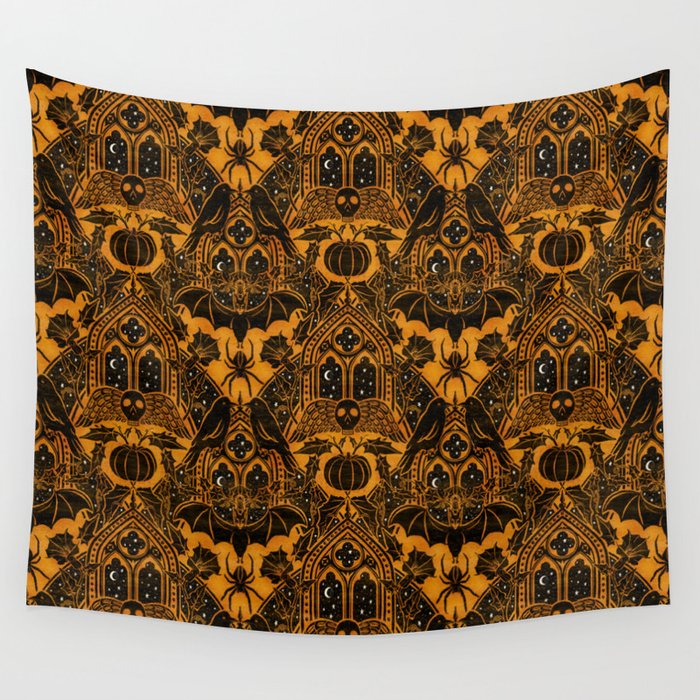 Gothic Halloween Damask - jack oâlantern gold and black  Wall Tapestry Gallery Image 4