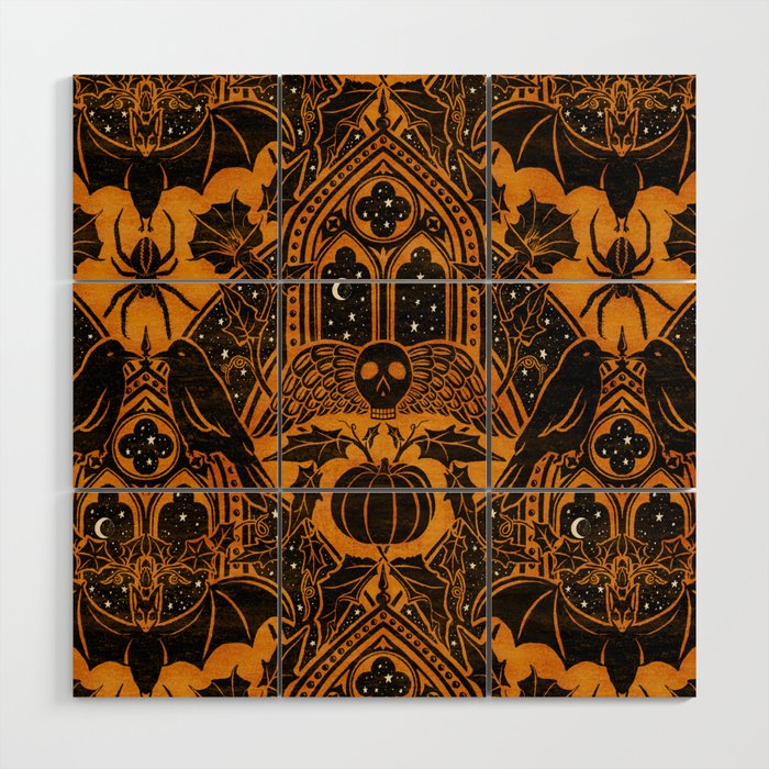 Gothic Halloween Damask - jack oâlantern gold and black  Wood Wall Art Gallery Image 1