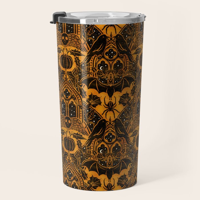 Gothic Halloween Damask - jack oâlantern gold and black  Travel Mug Gallery Image 3