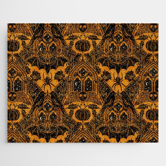 Gothic Halloween Damask - jack oâlantern gold and black  Jigsaw Puzzle Gallery Image 1