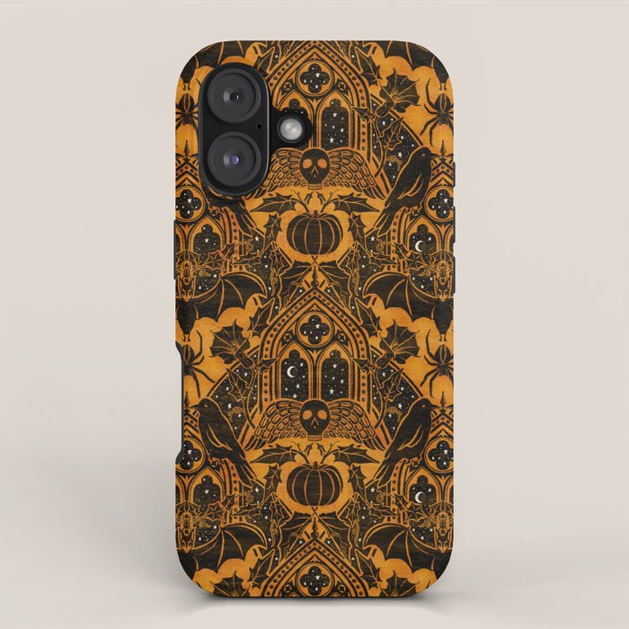 Gothic Halloween Damask - jack oâlantern gold and black  iPhone Case Gallery Image 1