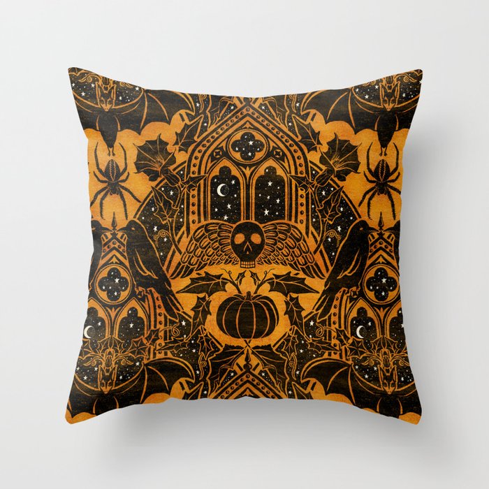 Gothic Halloween Damask - jack oâlantern gold and black  Throw Pillow Gallery Image 1