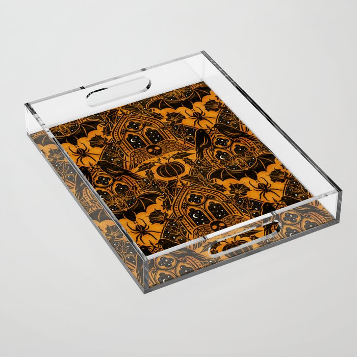 Gothic Halloween Damask - jack oâlantern gold and black  Acrylic Tray Gallery Image 1