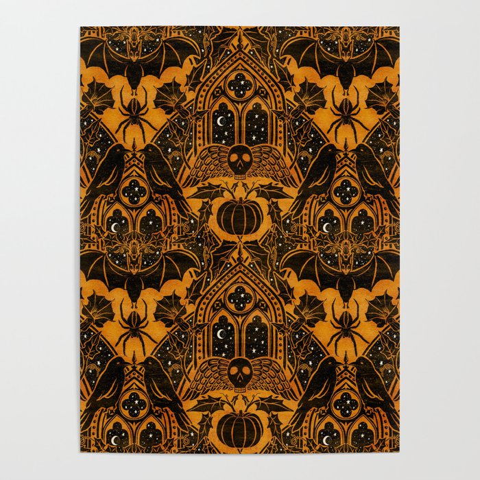 Gothic Halloween Damask - jack oâlantern gold and black  Poster Gallery Image 1