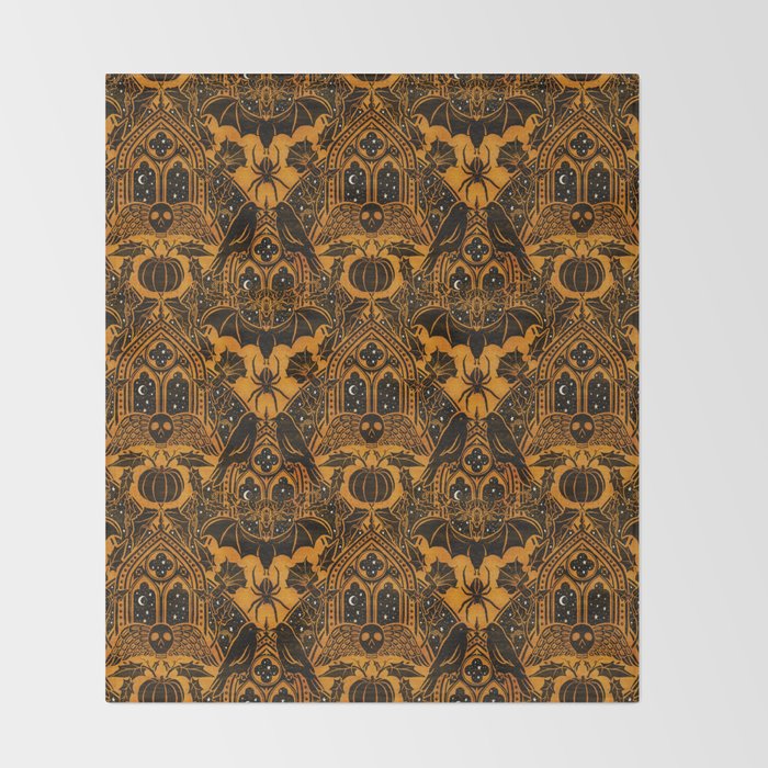 Gothic Halloween Damask - jack oâlantern gold and black  Throw Blanket Gallery Image 2