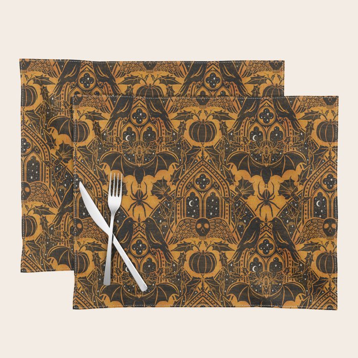 Gothic Halloween Damask - jack oâlantern gold and black  Placemat Gallery Image 1