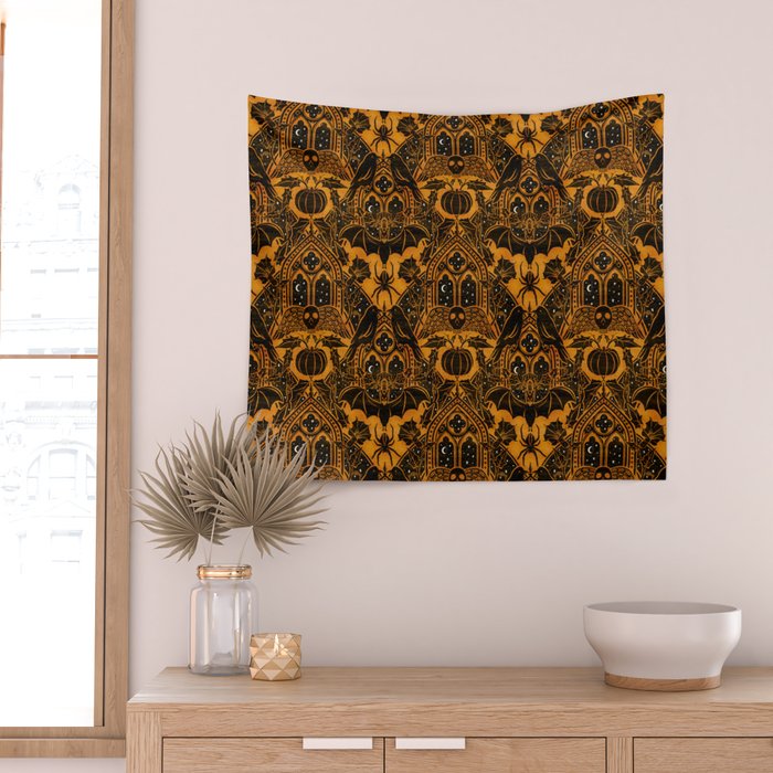 Gothic Halloween Damask - jack oâlantern gold and black  Wall Tapestry Gallery Image 2