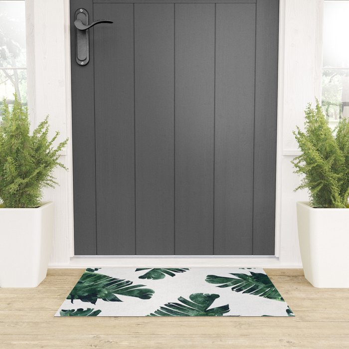 Banana Leaf Watercolor Painting, Tropical Nature Botanical Palm Illustration Bohemian Minimal Luxe Welcome Mat Gallery Image 3