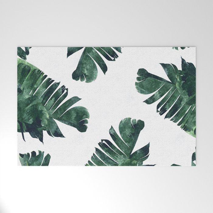 Banana Leaf Watercolor Painting, Tropical Nature Botanical Palm Illustration Bohemian Minimal Luxe Welcome Mat Gallery Image 1