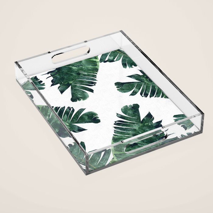 Banana Leaf Watercolor Painting, Tropical Nature Botanical Palm Illustration Bohemian Minimal Luxe Acrylic Tray Gallery Image 1