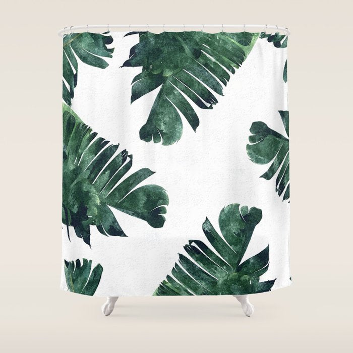 Banana Leaf Watercolor Painting, Tropical Nature Botanical Palm Illustration Bohemian Minimal Luxe Shower Curtain Gallery Image 1