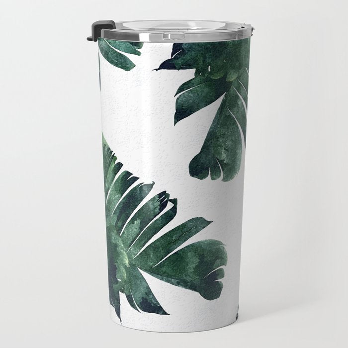 Banana Leaf Watercolor Painting, Tropical Nature Botanical Palm Illustration Bohemian Minimal Luxe Travel Mug Gallery Image 3