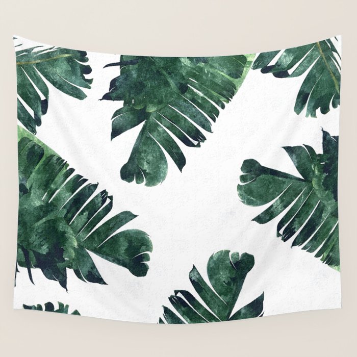 Banana Leaf Watercolor Painting, Tropical Nature Botanical Palm Illustration Bohemian Minimal Luxe Wall Tapestry Gallery Image 1