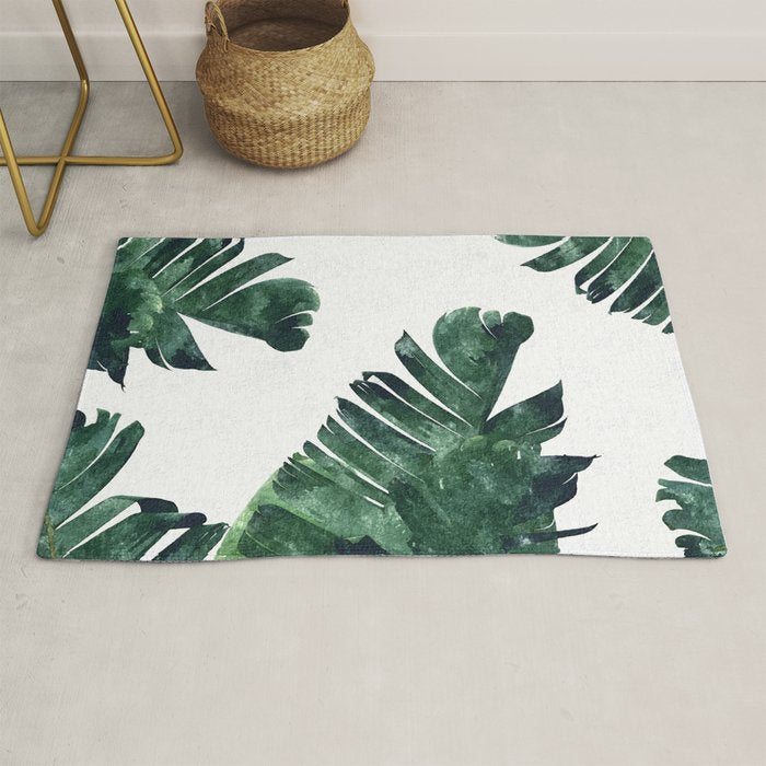 Banana Leaf Watercolor Painting, Tropical Nature Botanical Palm Illustration Bohemian Minimal Luxe Rug Gallery Image 1