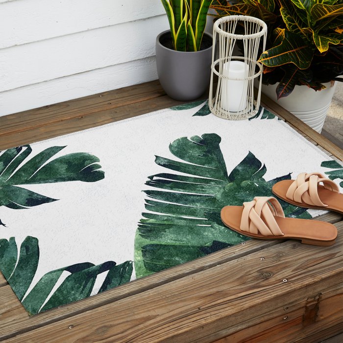 Banana Leaf Watercolor Painting, Tropical Nature Botanical Palm Illustration Bohemian Minimal Luxe Outdoor Rug Gallery Image 2