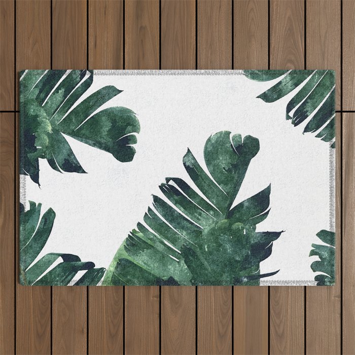 Banana Leaf Watercolor Painting, Tropical Nature Botanical Palm Illustration Bohemian Minimal Luxe Outdoor Rug Gallery Image 1