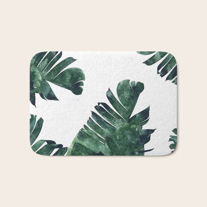 Banana Leaf Watercolor Painting, Tropical Nature Botanical Palm Illustration Bohemian Minimal Luxe Bath Mat Gallery Image 1