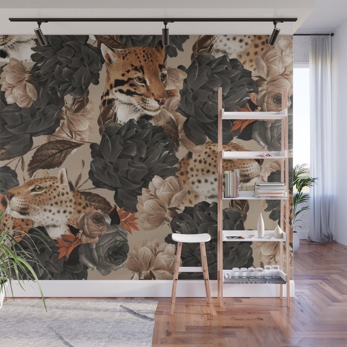 LEOPARD AND FLORAL NIGHT PATTERN Wall Mural Gallery Image 1