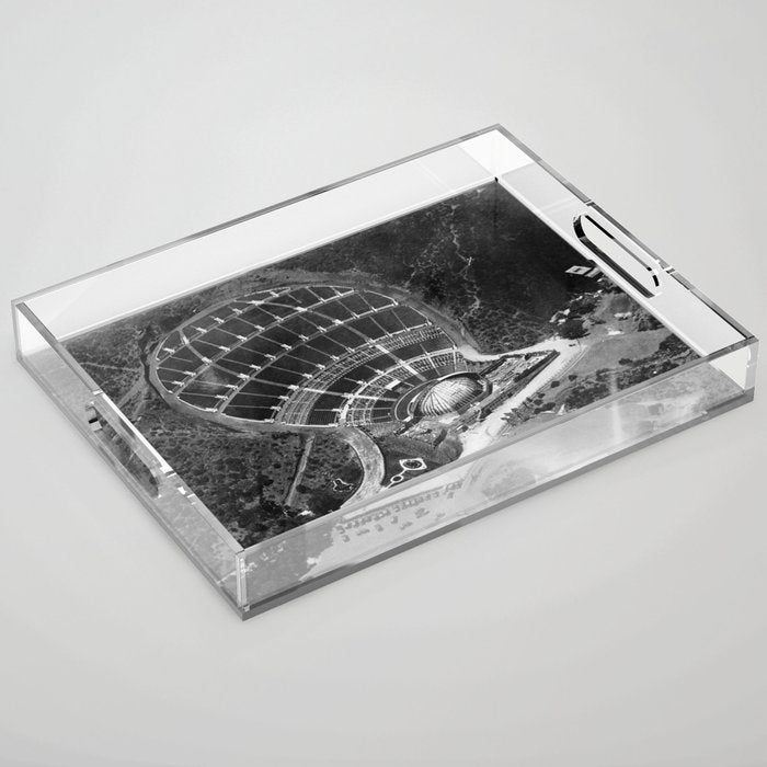 Hollywood Bowl aerial vintage, Los Angeles, California black and white photograph / photography Acrylic Tray Gallery Image 1