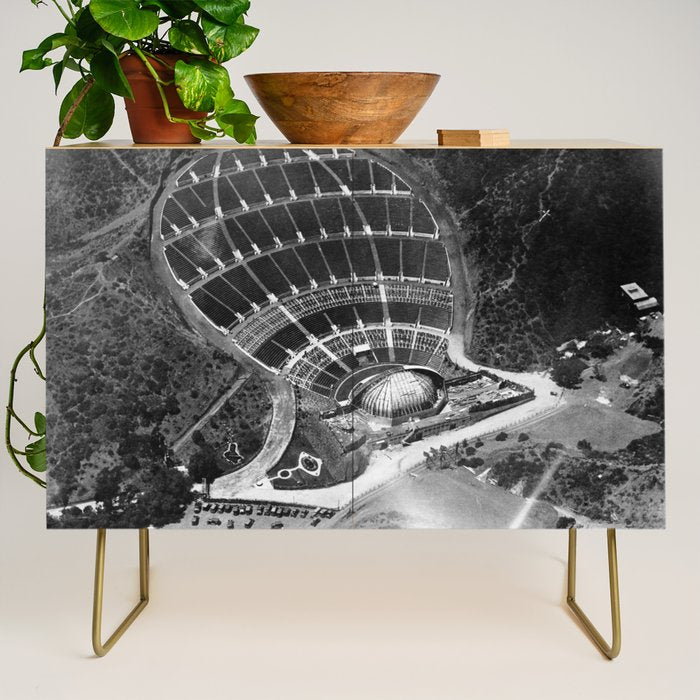 Hollywood Bowl aerial vintage, Los Angeles, California black and white photograph / photography Credenza Gallery Image 1