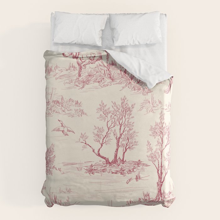 Toile de Jouy Vintage French Red Cream Pastoral Antique Art Print Duvet Cover Gallery Image 1