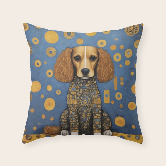 Gustav Klimt Style Dog in Blue and Gold Costume Throw Pillow Gallery Image 6