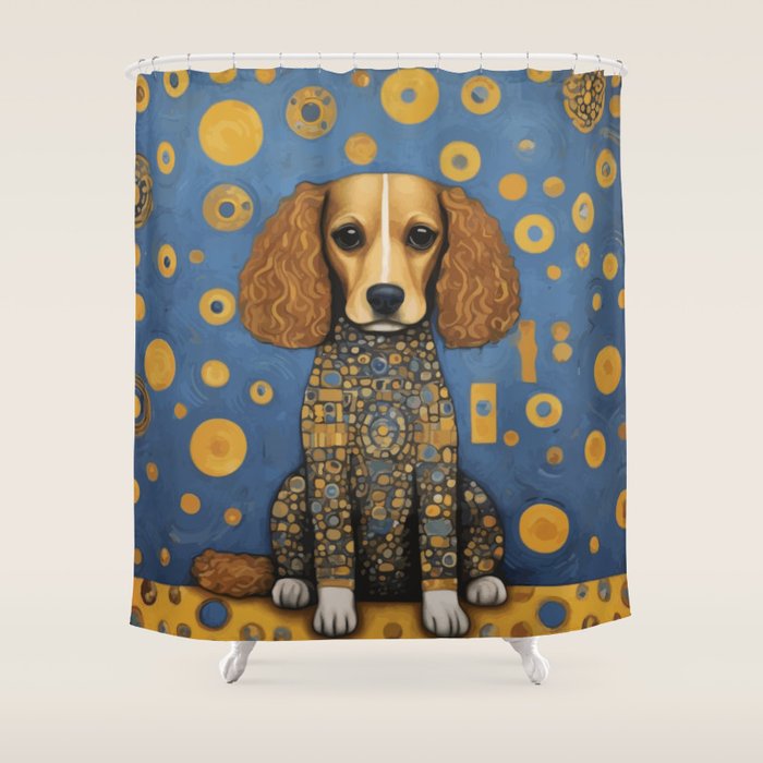 Gustav Klimt Style Dog in Blue and Gold Costume Shower Curtain Gallery Image 1